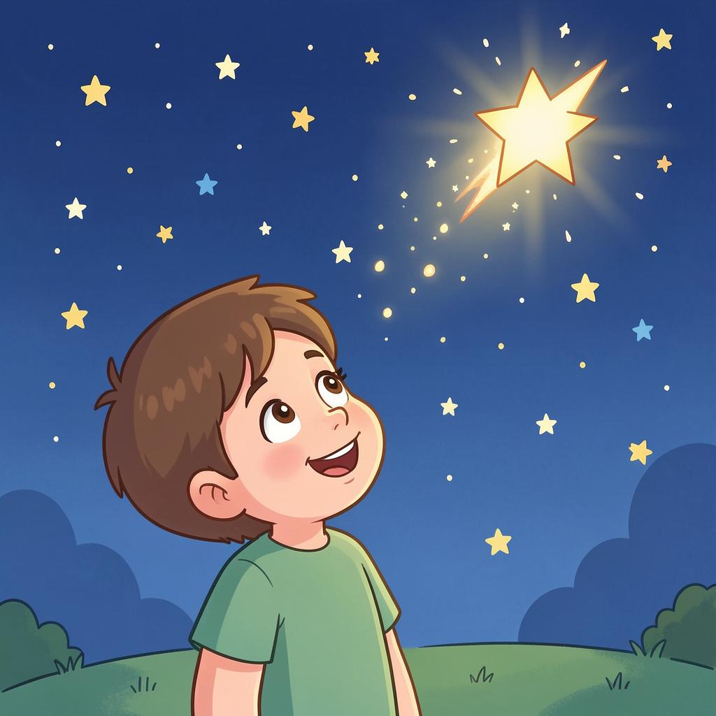 A small child looking up at a bright, colorful shooting star in a night sky with a joyful expression.