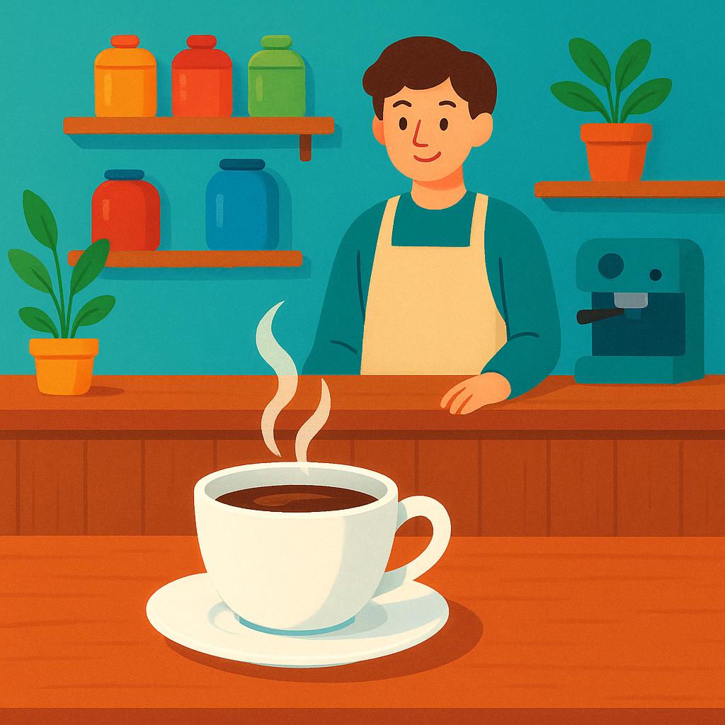 A colorful illustration of a cozy coffee shop interior, showing a barista standing behind a counter with a steaming coffee cup and pastries.