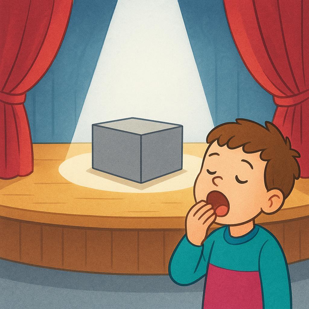 A dull gray rectangular box sits alone on a brightly lit stage. A person in the foreground is yawning widely, clearly uninterested.