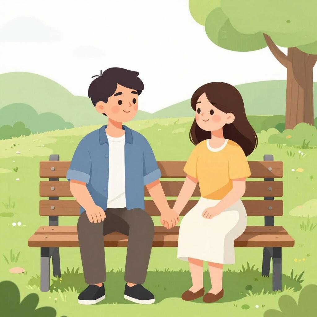 A couple sitting on a park bench, holding hands and looking at each other affectionately.