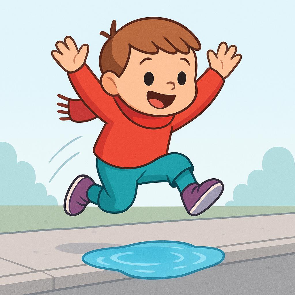 A simplified cartoon character wearing bright clothes is mid-air, jumping over a small blue puddle on a sunny sidewalk.