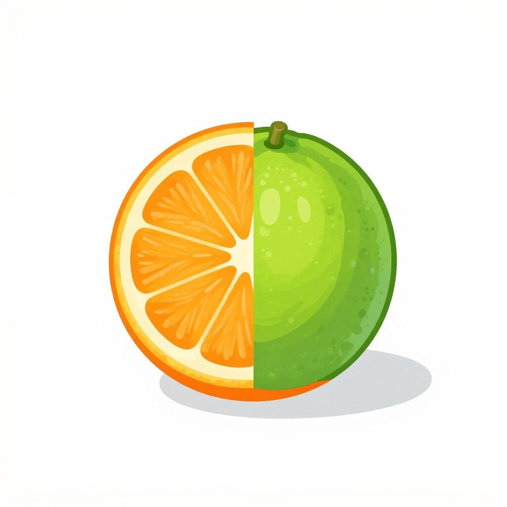 オレンジとライムが半分ずつで、はっきり異なる質感と色が組み合わさった果物。