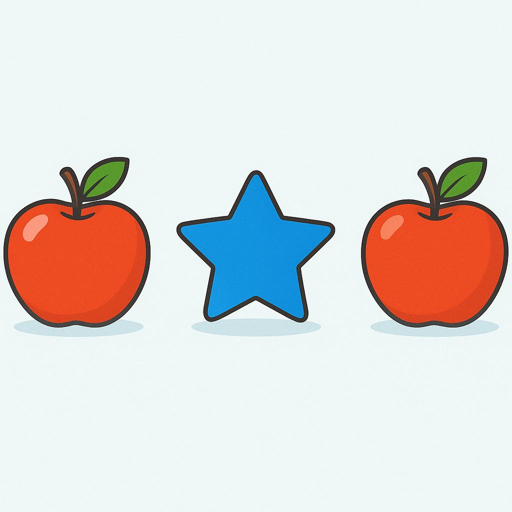 A storybook illustration showing three identical red apples lined up neatly. Standing among them is one bright blue object shaped like a star, visually representing something strange or peculiar.