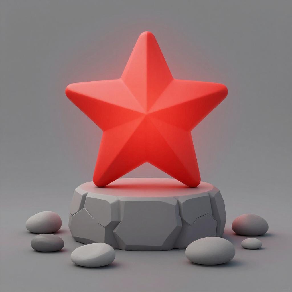 Uma estrela vermelha grande e vibrante repousando sobre um pedestal de pedra simples. Vários pequenos seixos cinzentos e opacos estão espalhados no chão ao redor da base, enfatizando a importância da estrela.