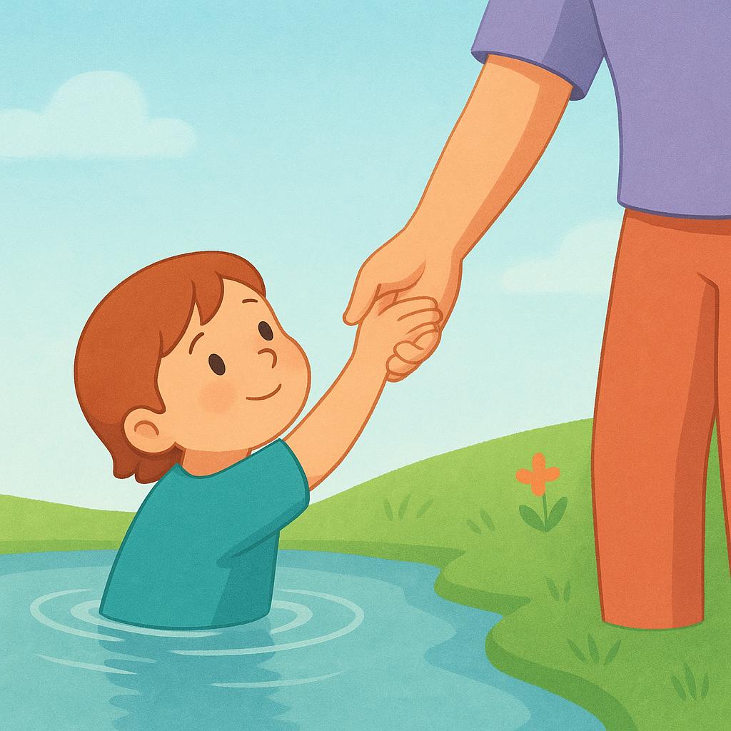 A colorful storybook illustration showing a small figure reaching up from a shallow pool of water, grasping the outstretched hand of a larger figure standing safely on the bank, illustrating a rescue.