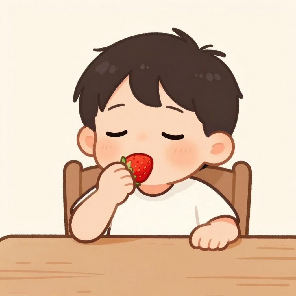 Un enfant ferme les yeux en souriant en mangeant une grosse fraise.