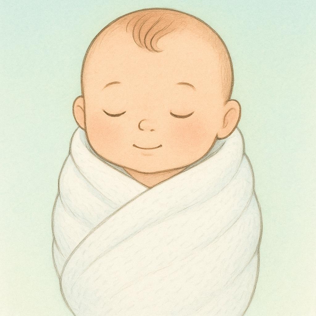 A drawing of a single, peaceful newborn baby, swaddled snugly in a white blanket, being held gently by unseen hands.