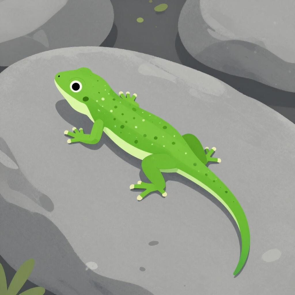 太陽が照りつける岩の上に座っている小さな緑のトカゲ。