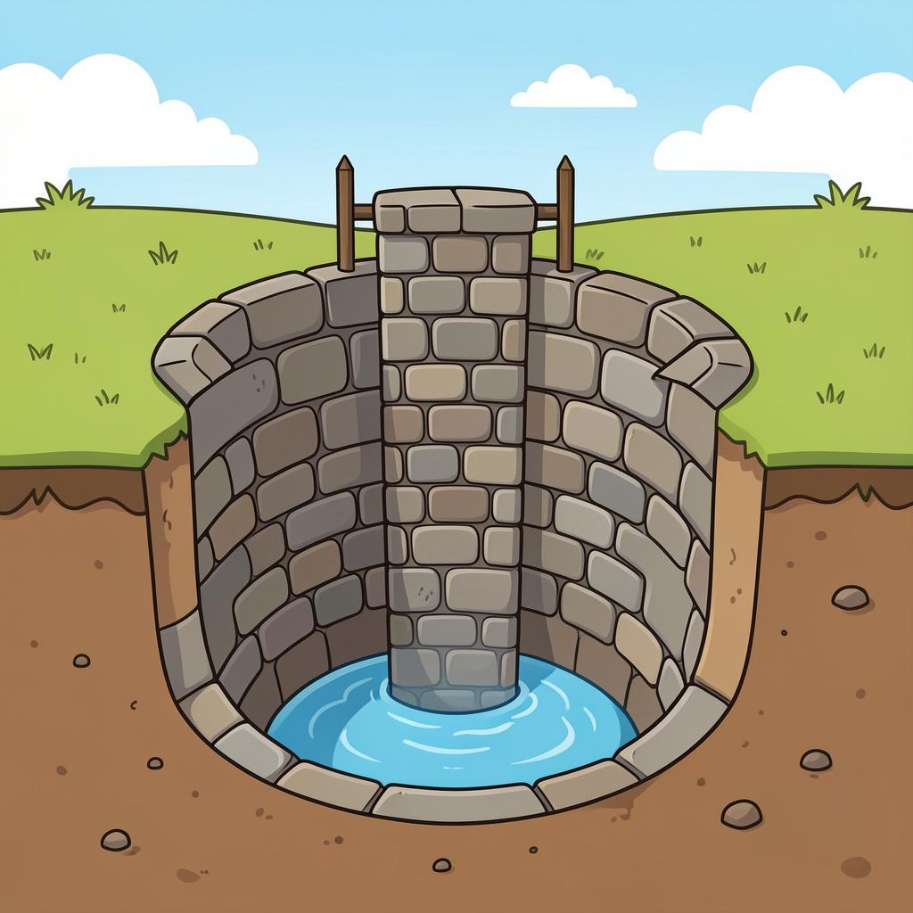 A cross-section of a deep blue well showing water far below the surface.