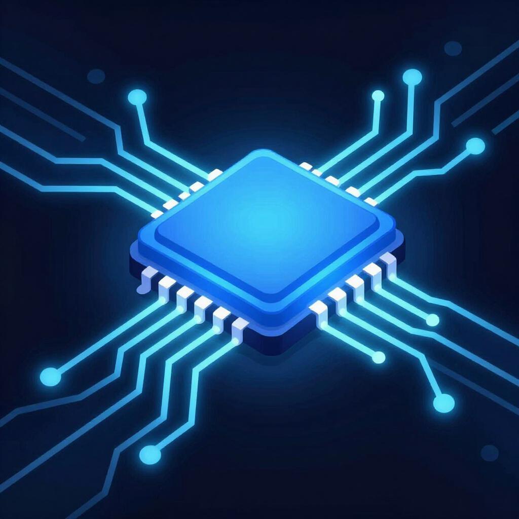 A glowing blue computer chip with light pulses traveling through circuits, representing digital data.