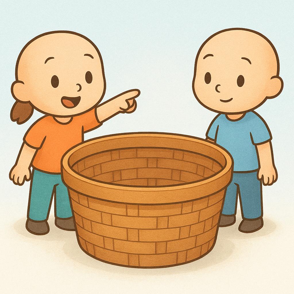 A simple storybook illustration showing two small figures standing next to a large, empty wooden basket. One figure is pointing at the empty basket, indicating a future need for supplies.