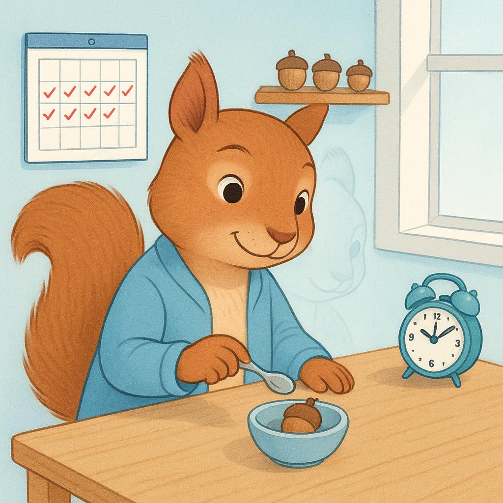 A cheerful anthropomorphic squirrel sitting at a simple wooden table, performing the routine action of eating an acorn from a small bowl.