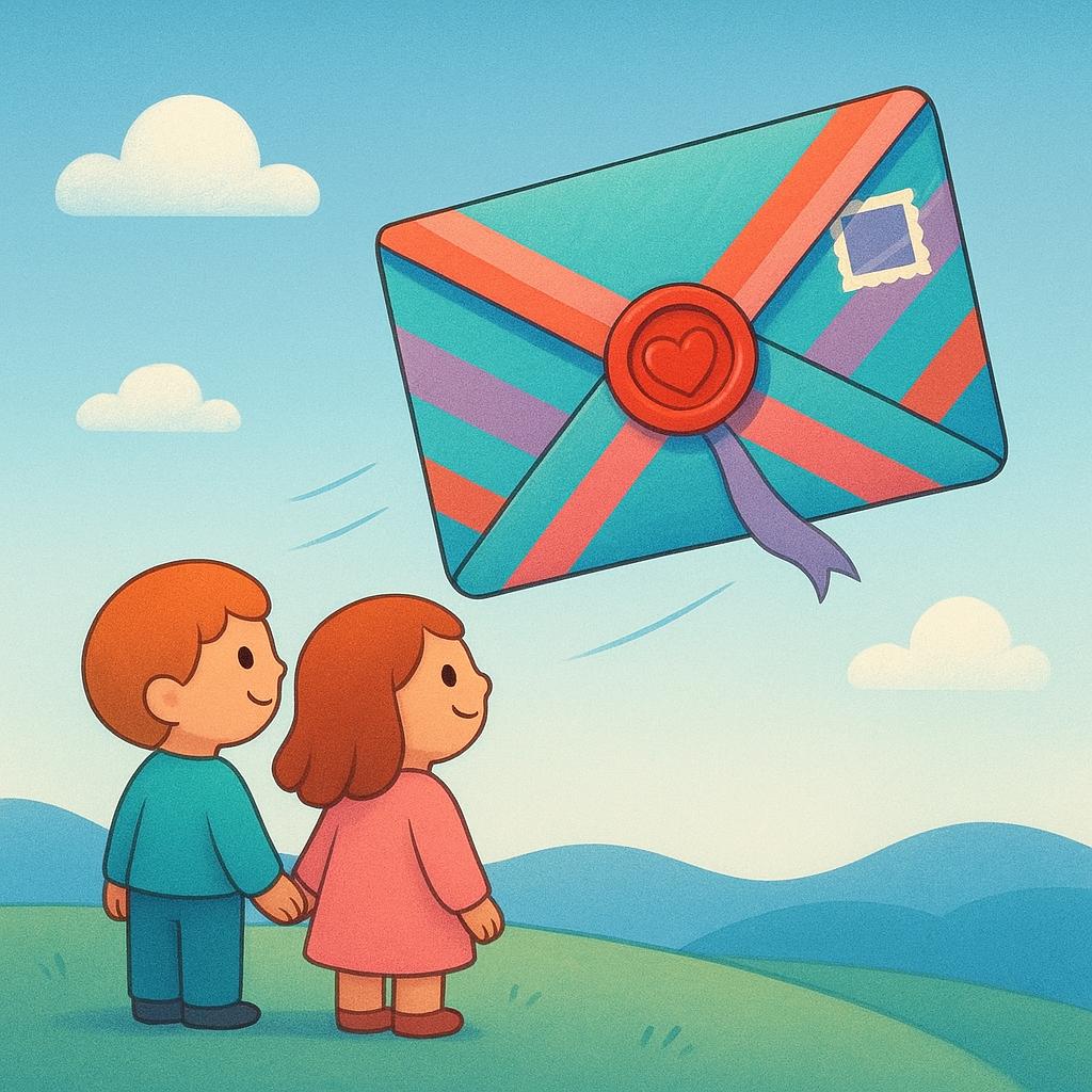 A high quality storybook illustration showing two small, friendly figures standing side-by-side. They are watching a large, colorful, sealed envelope flying away from them into the distance, illustrating the action of sending something.