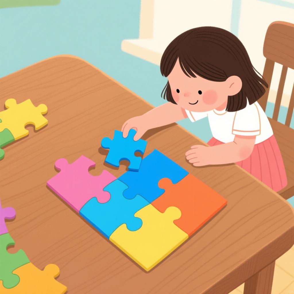 A girl happily setting the final, brightly colored piece into a large jigsaw puzzle, symbolizing completion.