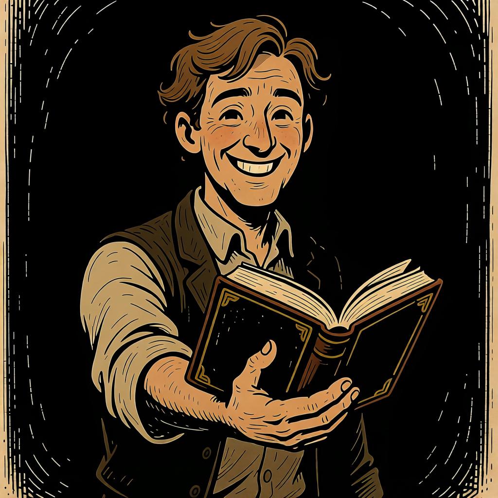 A friendly person holding out a book towards the viewer, illustrating the concept of having or possessing something.