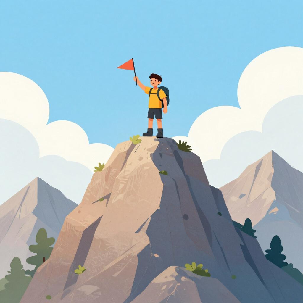 A hiker reaching the peak of a high mountain with a flag, looking out over the clouds.