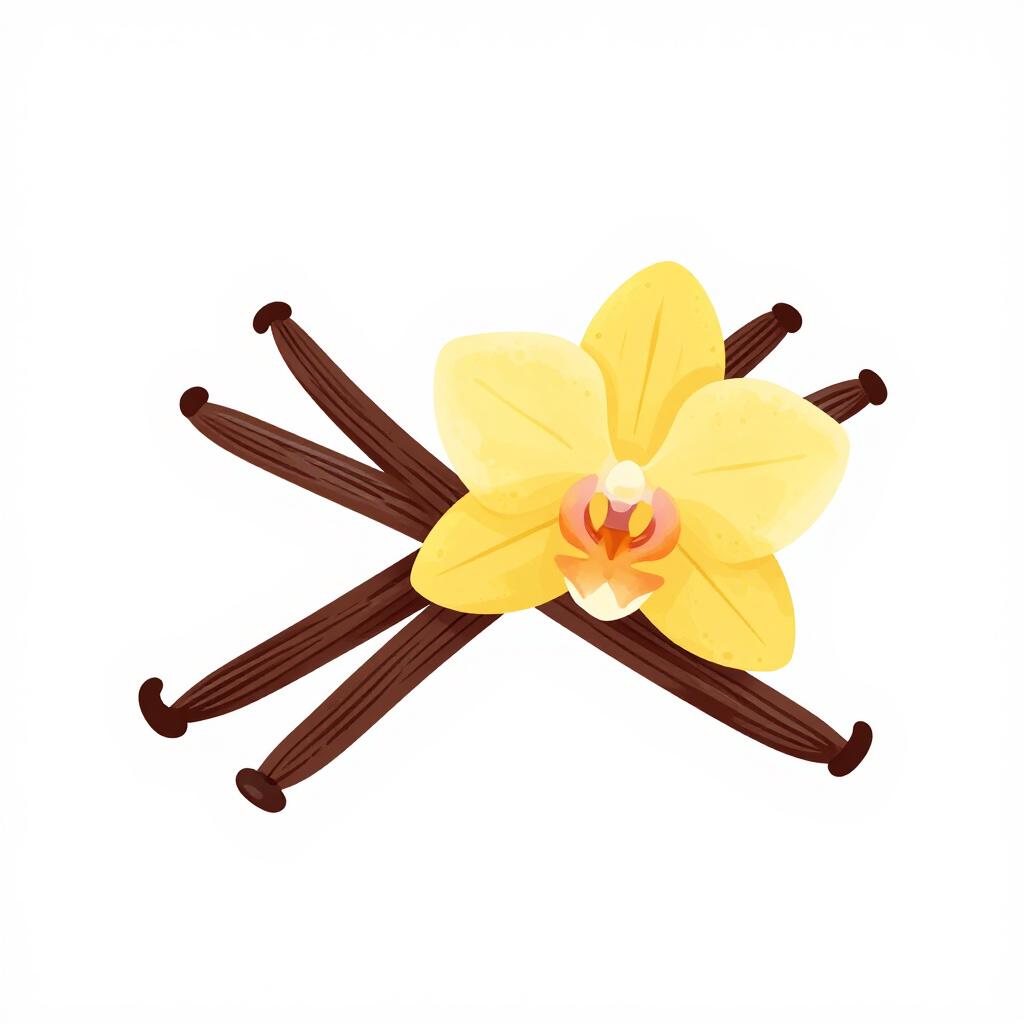 乾燥したバニラビーンズと小さな黄色いバニラ蘭の花が清潔な背景に置かれている様子。
