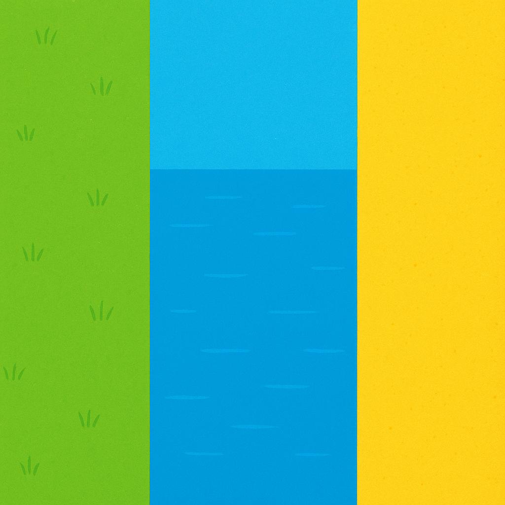 A simple illustration depicting a landscape divided into three distinct, clearly bordered areas: a green grassy zone, a blue water zone, and a yellow sandy zone.