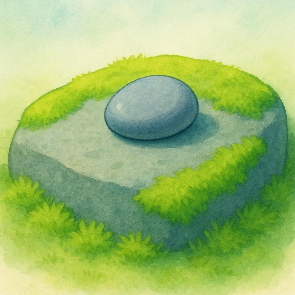 A single, small, smooth gray pebble resting securely on a large, flat mossy rock, symbolizing permanence.