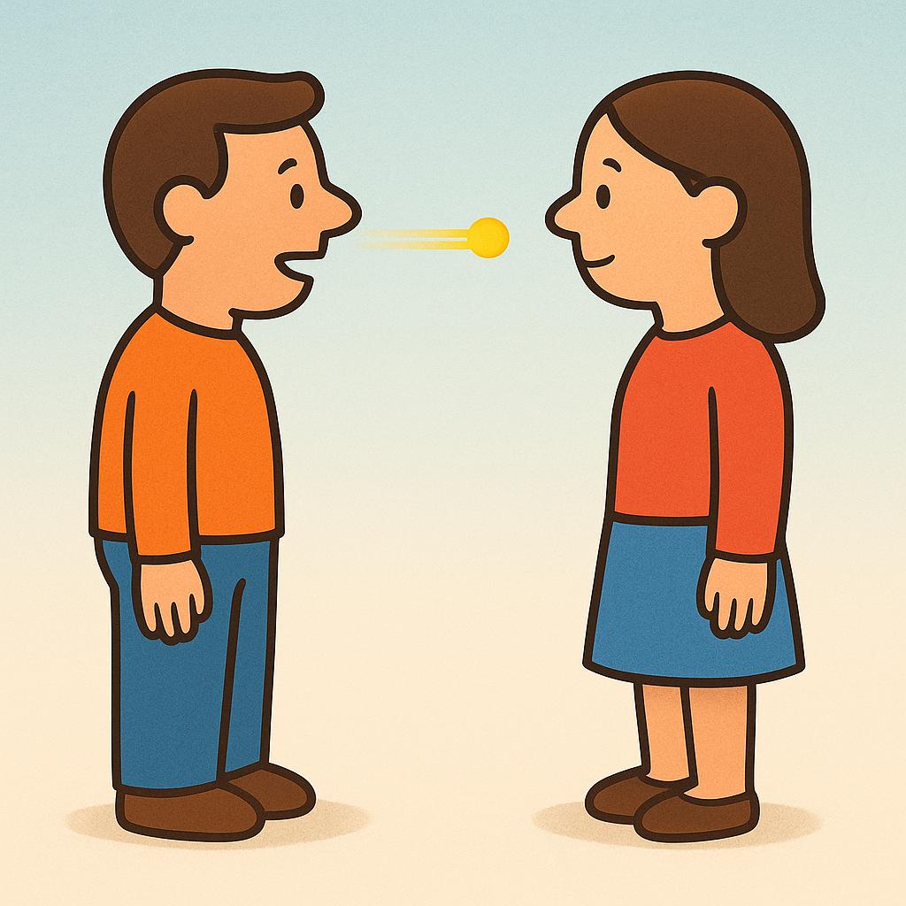 A colorful storybook illustration showing two simplified figures facing each other. A small, distinct yellow object, symbolizing the information ('it'), is shown traveling directly from the speaker's mouth to the listener's ear.