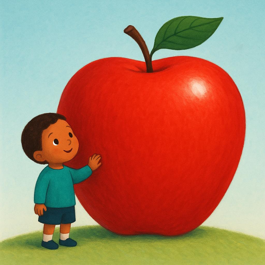 A tiny, brightly dressed child looking up at a gigantic red apple resting on the ground, emphasizing the immense difference in size.