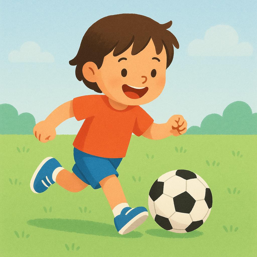 A young child with a big smile happily dribbling a soccer ball on a sunny green field, illustrating a past enjoyment.