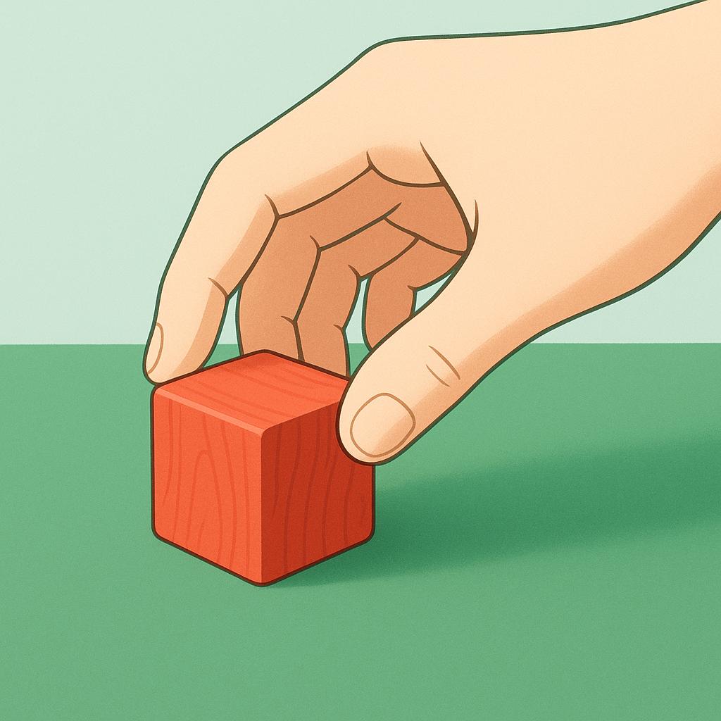 A cartoon hand gently placing a colorful wooden block onto a flat surface.