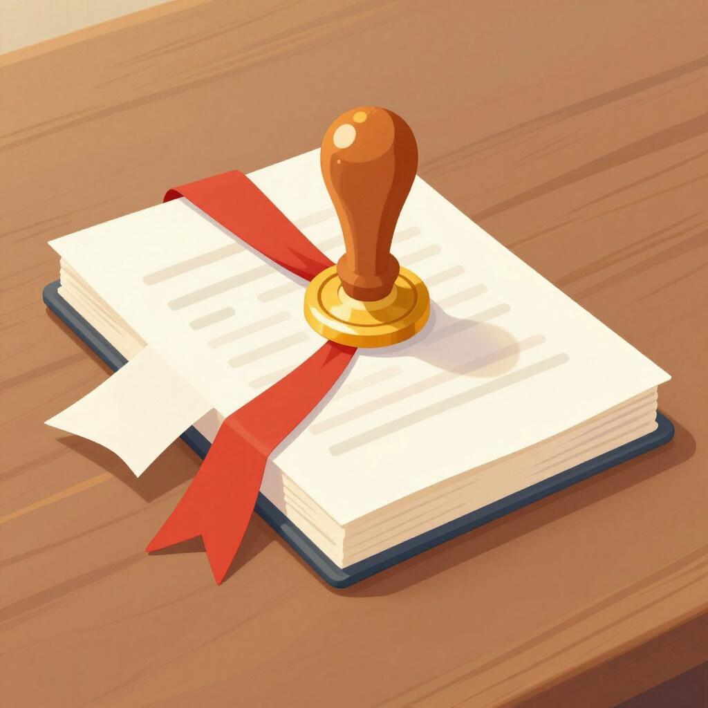 A formal document with a large golden seal and a red ribbon on a wooden desk.