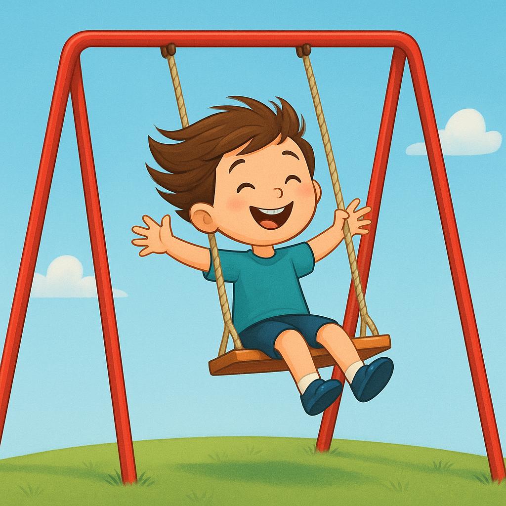 A colorful illustration of a happy child swinging high on a bright red swing set in a park, depicting the concept of having fun.