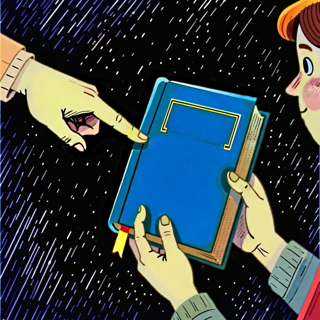 A hand pointing to a blue book that another person is holding, indicating possession.