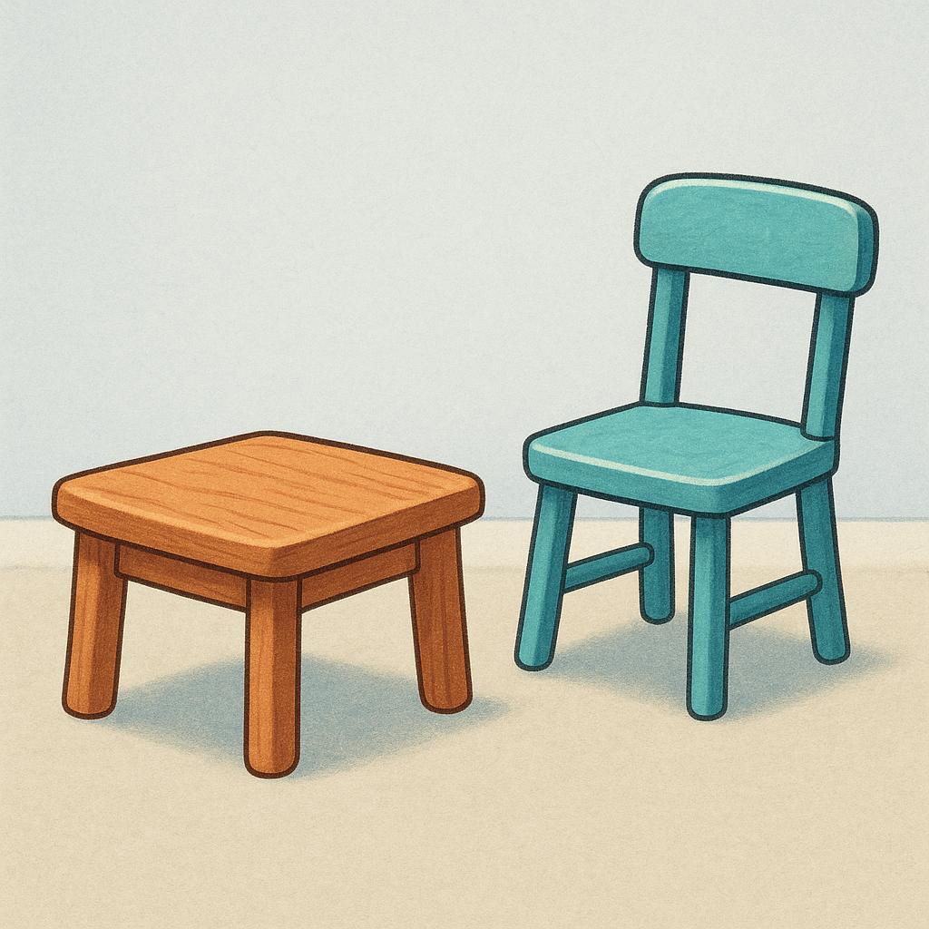 A very short wooden table next to a much taller chair, illustrating the concept of 'low' height.