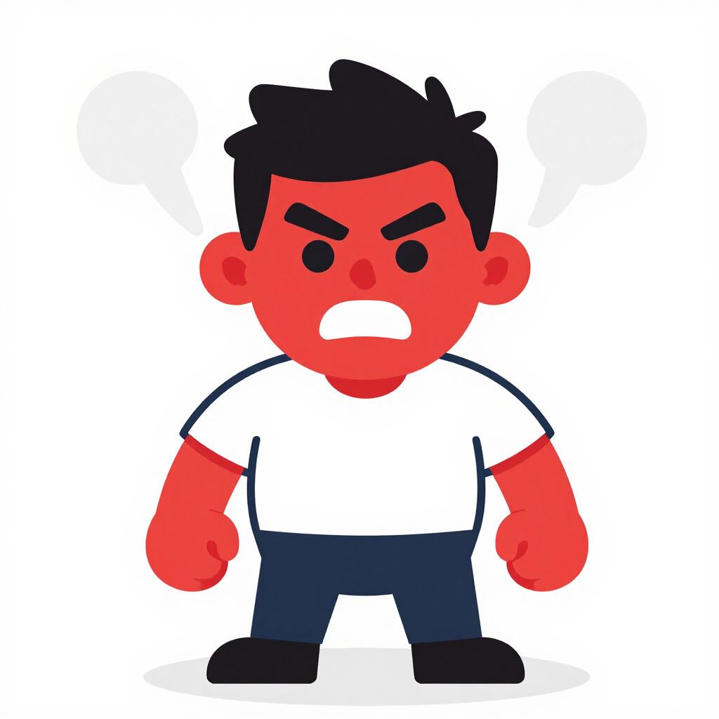 A man with a very angry facial expression, red face, and clenched fists.