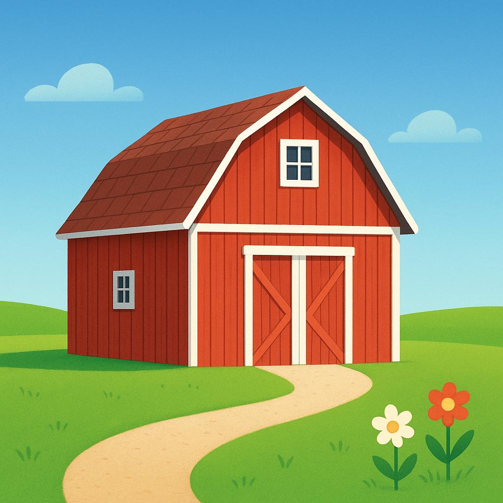 A simple, colorful storybook illustration of a traditional red barn with a peaked roof situated in a bright green field.