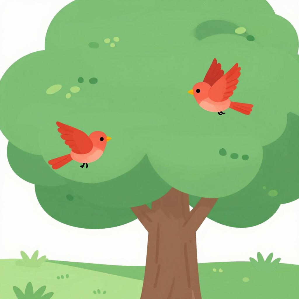A small red bird flying in the air, clearly moving toward a large green tree on the horizon.