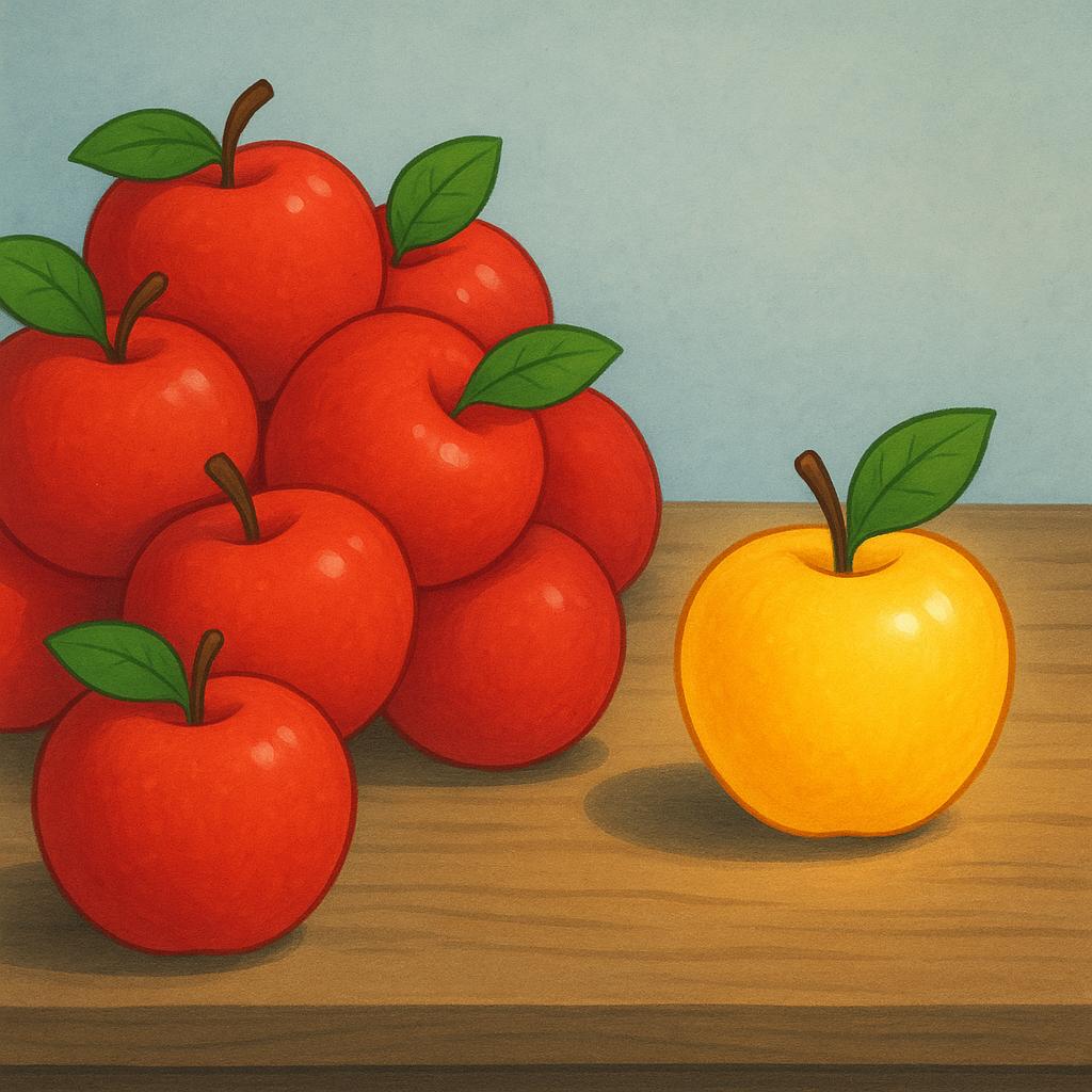 A high quality storybook illustration showing a cluster of five red apples, with one single, luminous golden apple placed prominently and highlighted above the rest.