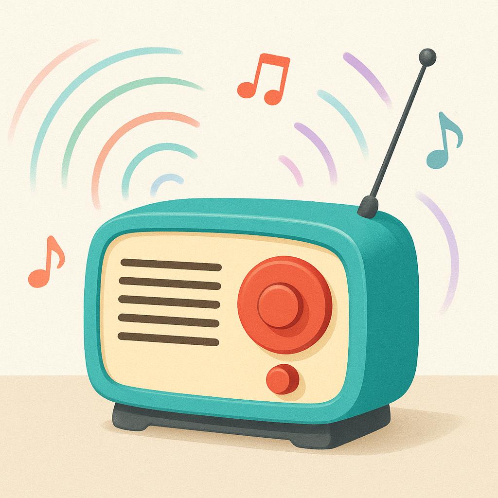 A colorful, simple illustration of a retro portable radio playing music.