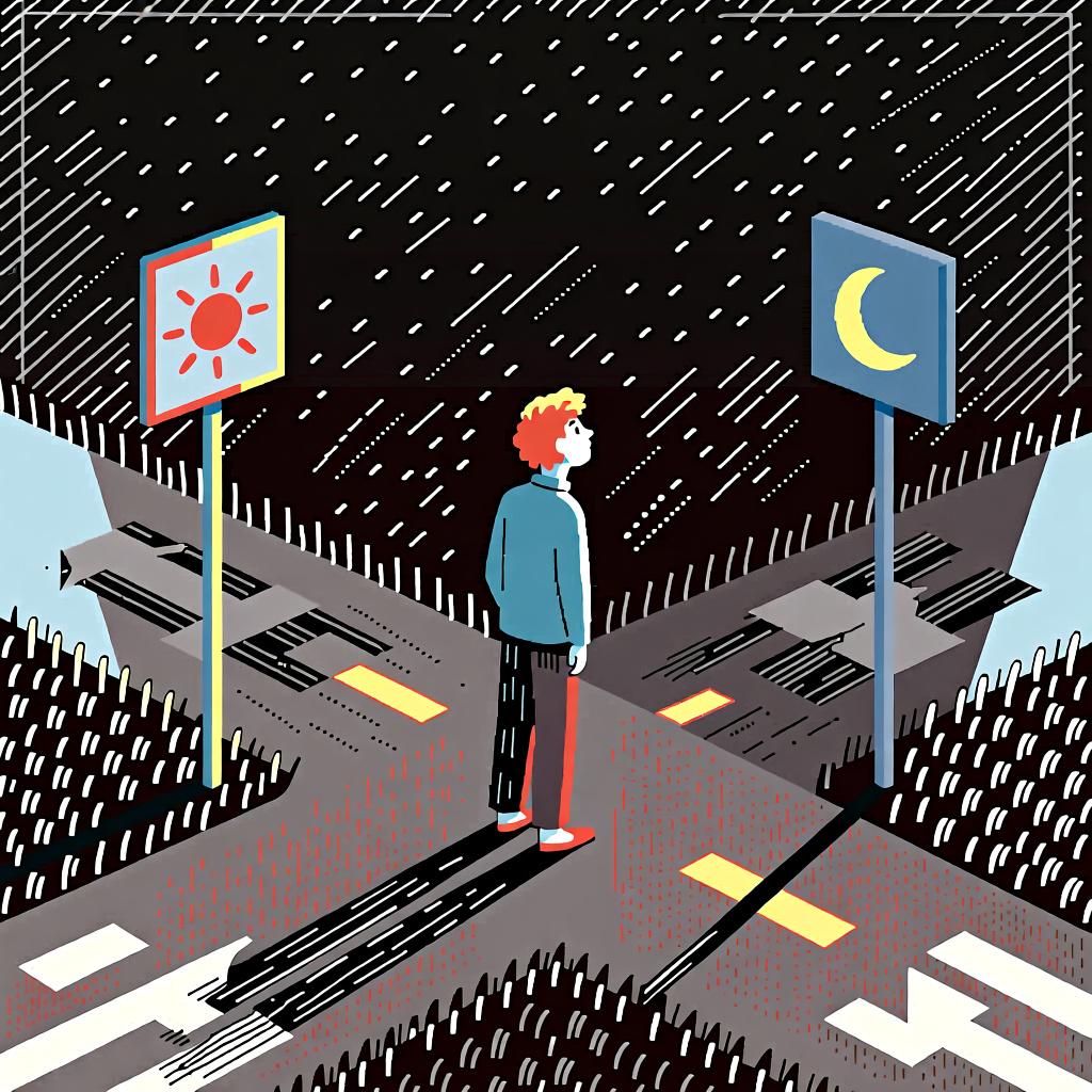 A person standing at a fork in the road, choosing between a path leading to a sun icon and another leading to a moon icon, representing a choice.