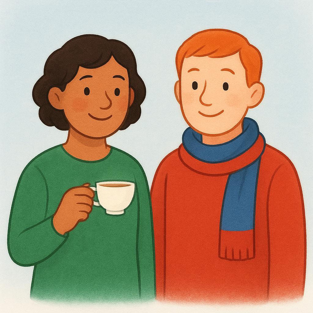A high quality storybook illustration showing two smiling figures, clearly representing English people, one holding a teacup and the other wearing a subtle red and blue scarf.