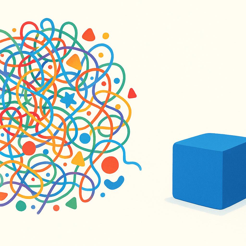 A complex, multicolored geometric structure of many interconnected shapes is visually simplifying and condensing down into a single, solid blue cube, representing the core essence of an idea.