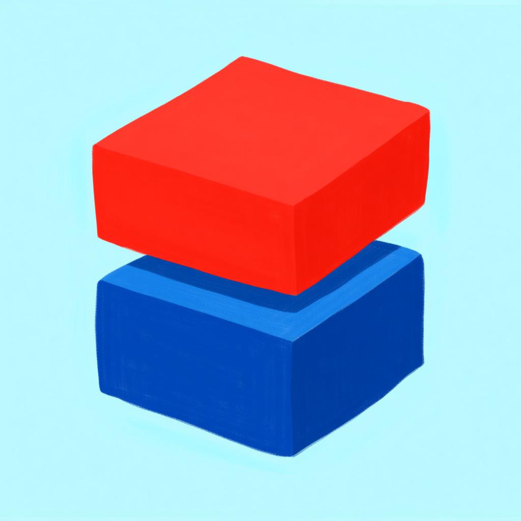 A red square resting perfectly on top of an identical blue square, demonstrating exact alignment with no overlap.