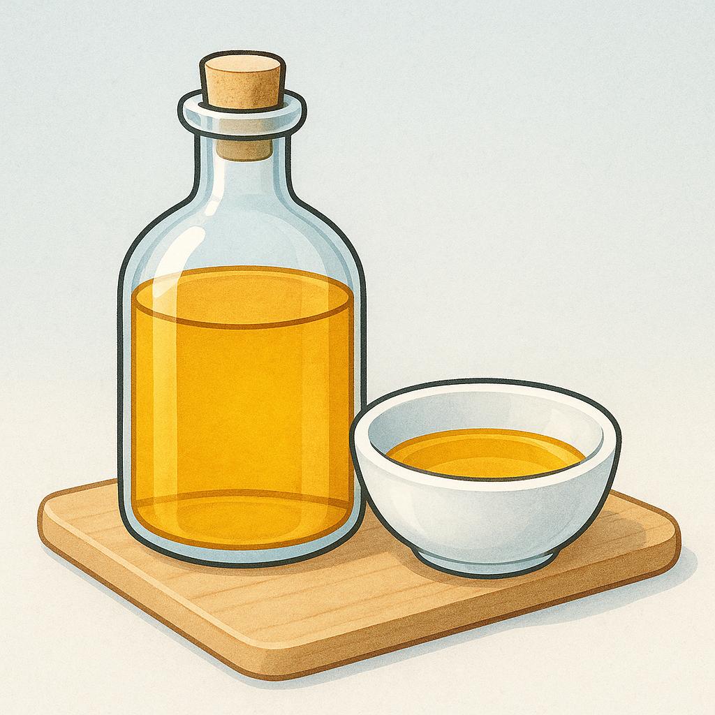 A clear glass bottle filled with golden cooking oil, sitting next to a small ceramic bowl on a wooden counter.