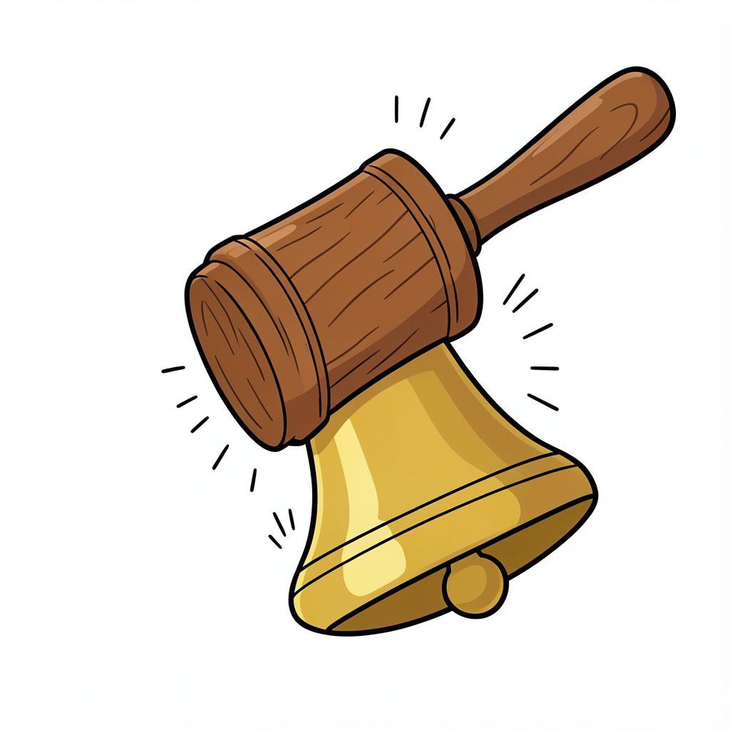 A wooden mallet striking a metal bell, showing a forceful impact.