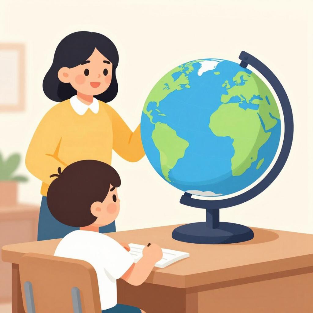 Eine Lehrerin und ein Schüler betrachten gemeinsam eine bunte Weltkugel in einem hellen Raum.