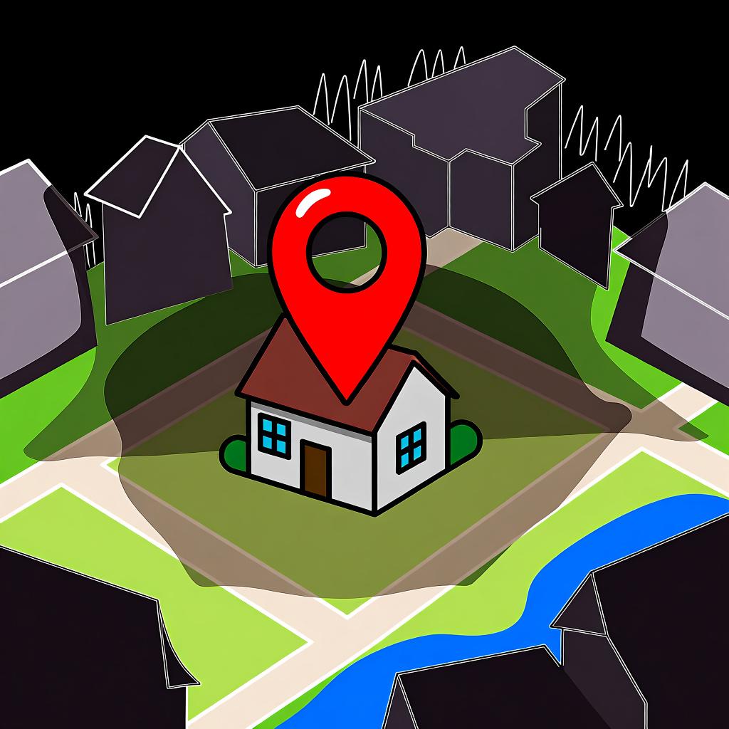 A simple map of a town with a large, bright red location pin placed on a house, indicating a specific location.