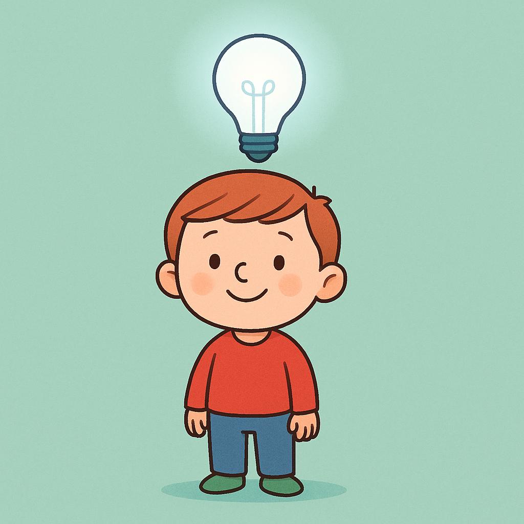 A simplified, friendly character is looking up with an expression of sudden understanding. A brightly glowing lightbulb is floating directly above the character's head, symbolizing knowledge or realization.