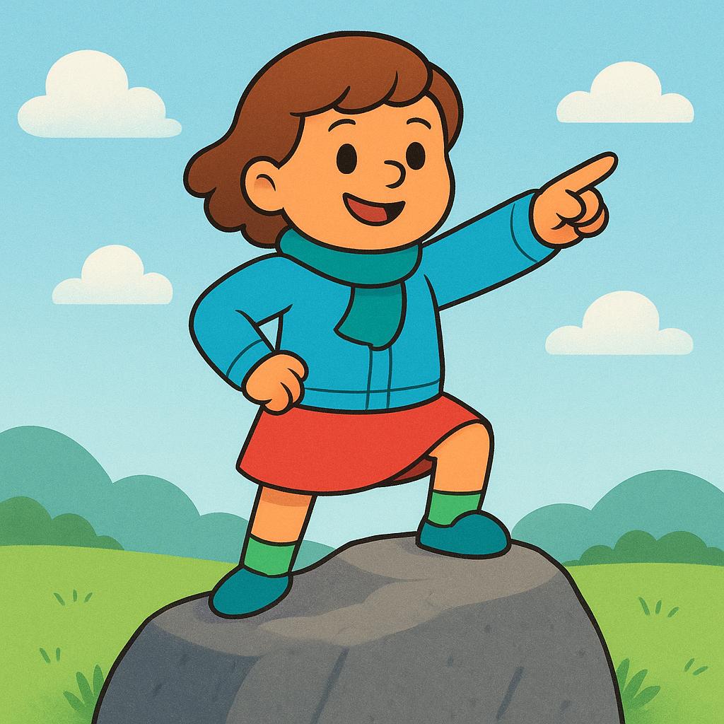 A cartoon figure standing firmly on a large, stable gray rock and pointing forward with a confident expression, illustrating certainty.