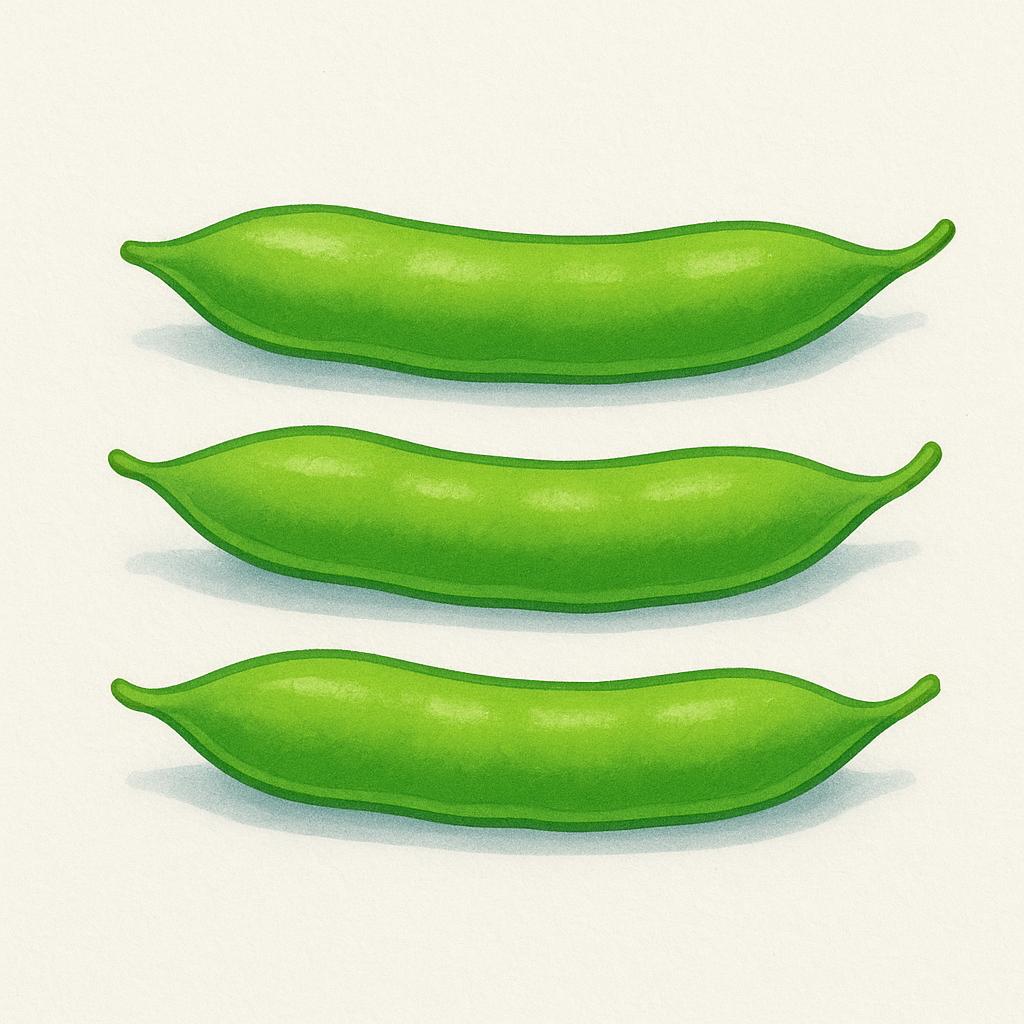 A close-up illustration of three bright green bean pods, fresh and whole, lying on a surface.
