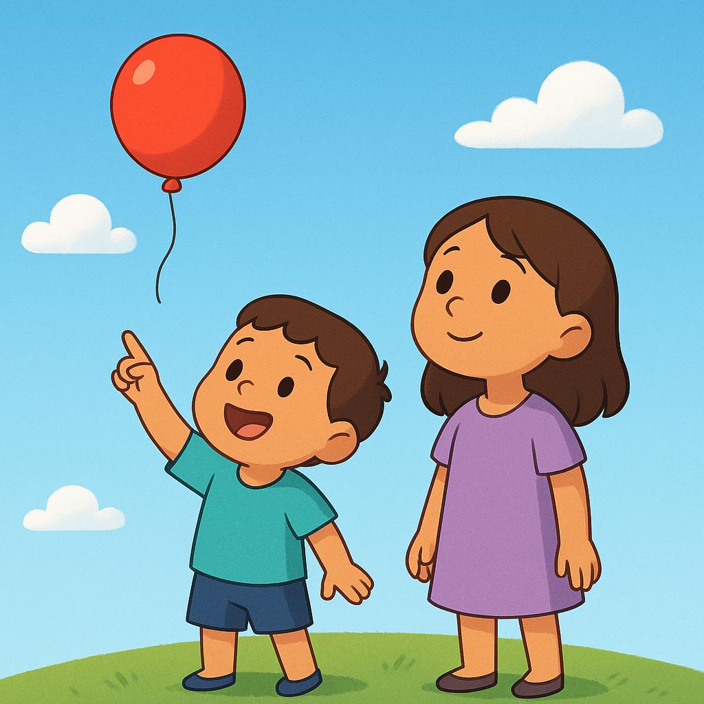 A high quality storybook illustration showing two young children outdoors. One child is pointing excitedly with their finger towards a bright red balloon floating high in the blue sky. The second child is looking upwards, following the direction of the pointed finger.