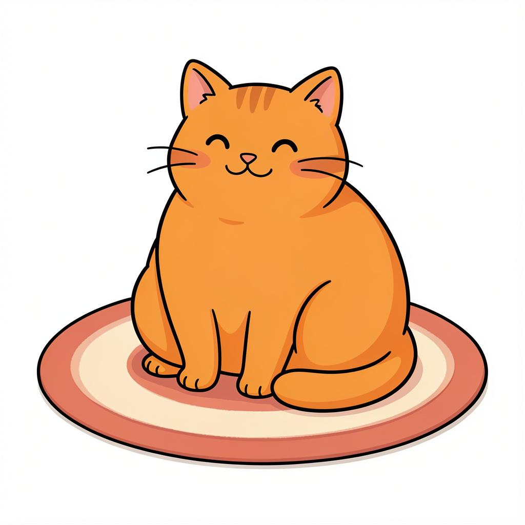 A very plump, round orange cat sitting on a rug.