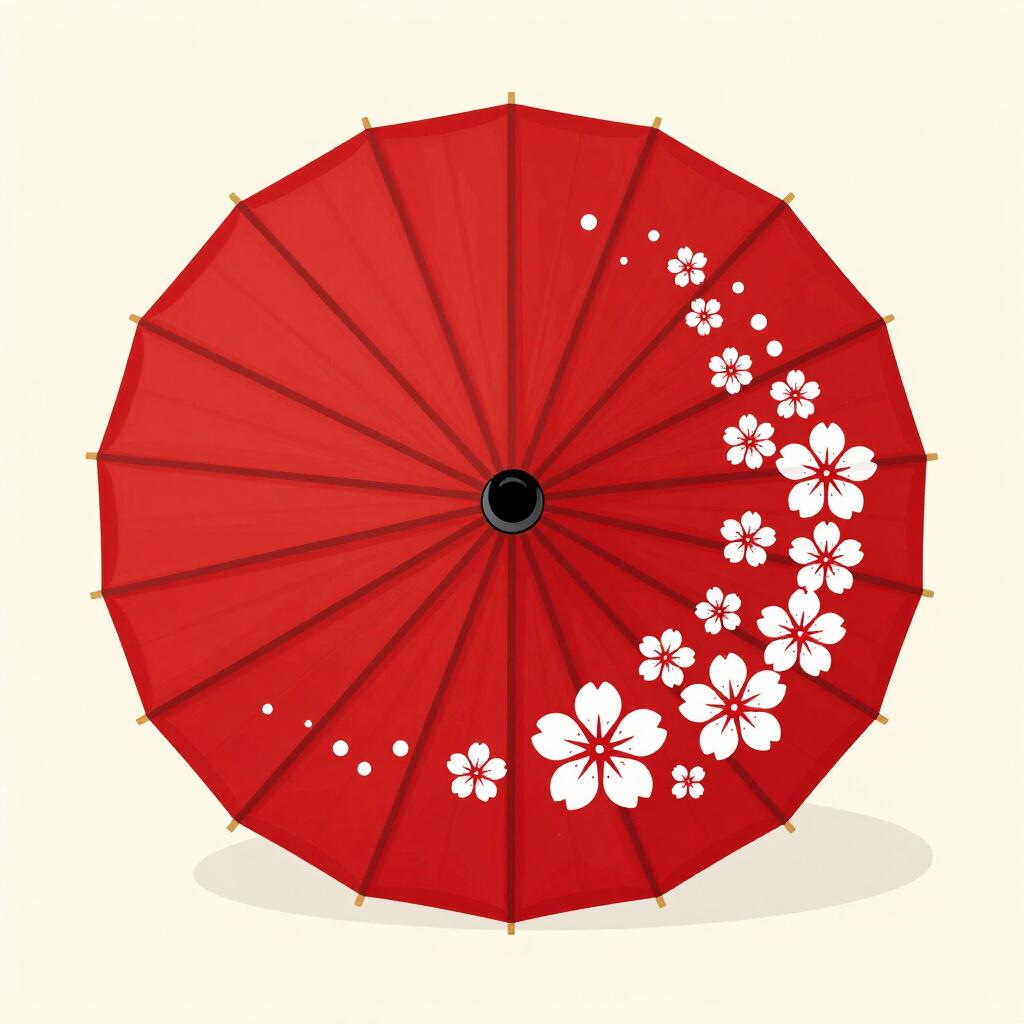 A high-quality illustration of a traditional red Japanese parasol with white floral patterns.
